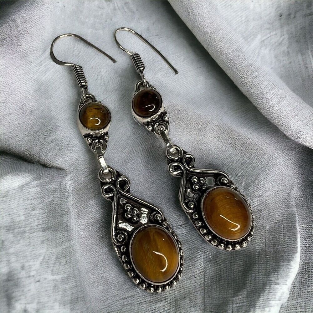 NWOT Handmade Women Brown Tiger Eye Gemstone‎ Drop Dangle Earrings Jewelry India